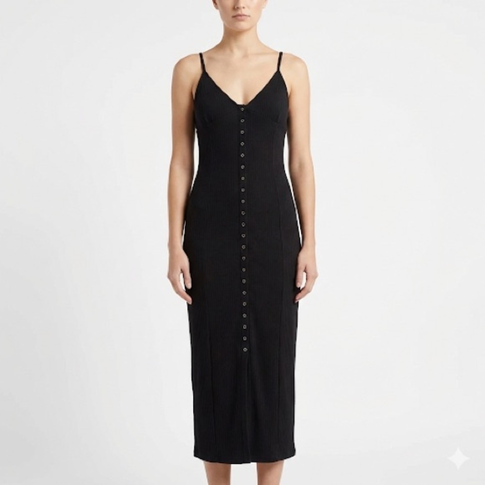 Free People Make It Snappy Midi Slip Dress Snap Front Ribbed Knit Black M